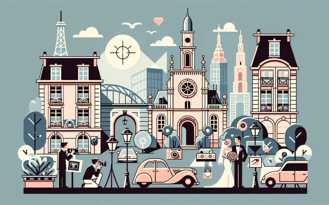 Illustration en flat design montrant un photographe de mariage communicant avec un couple, pour SEO