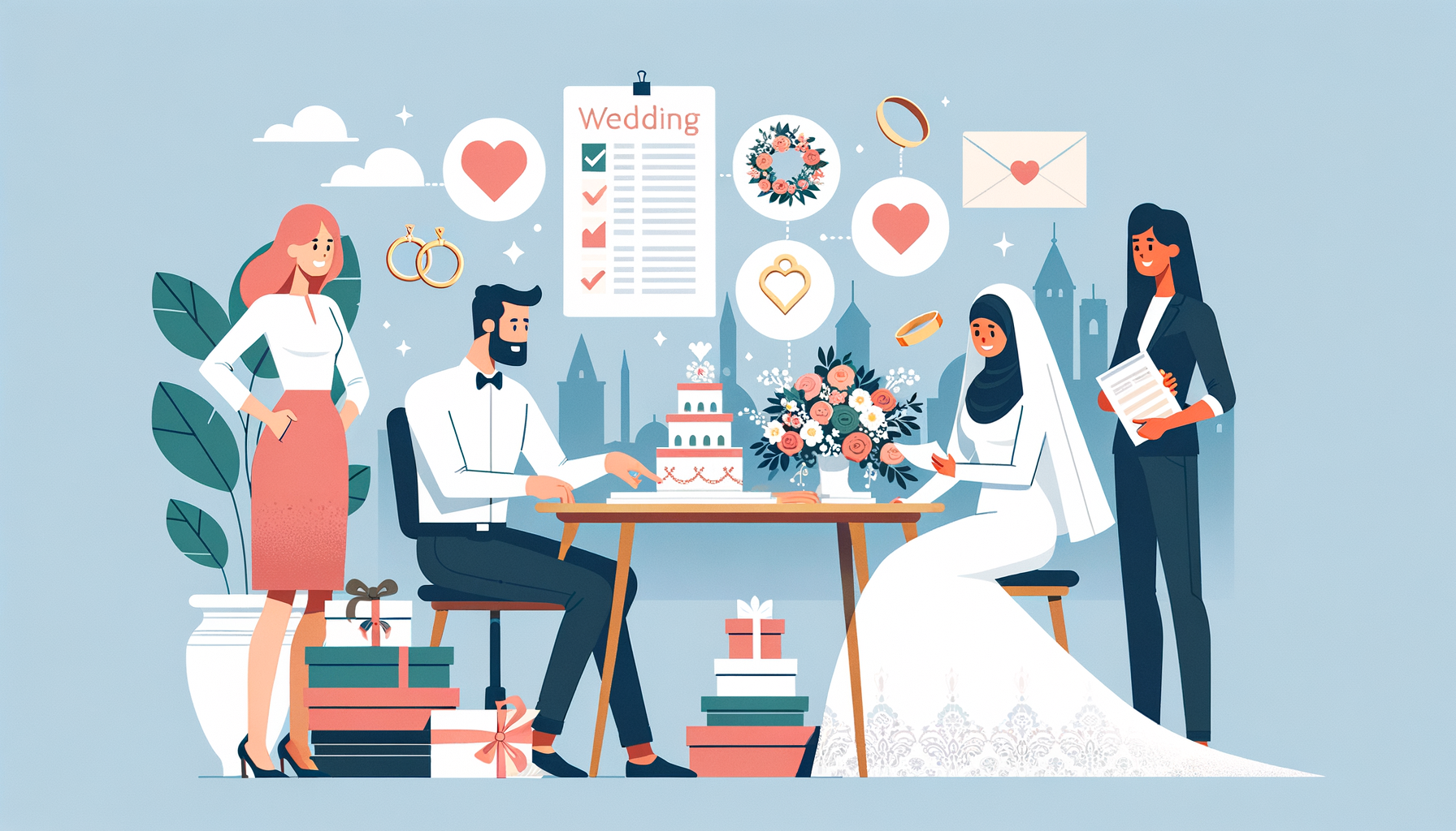 Illustration flat design montrant la planification d'un mariage, optimisée pour un article de blog SEO.