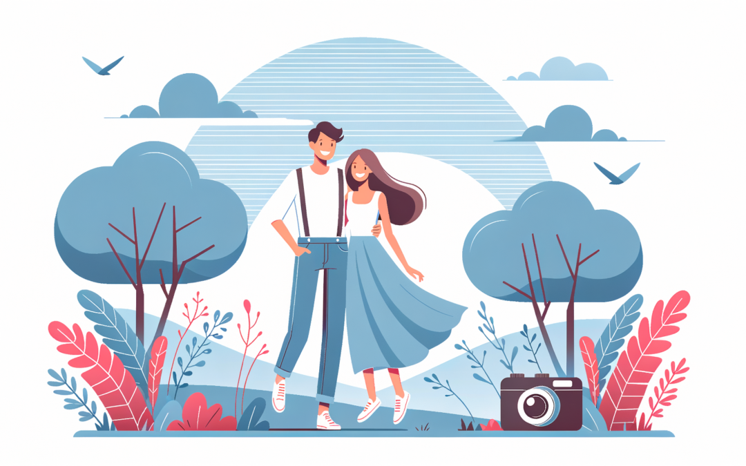 Illustration en flat design montrant la préparation d'une séance photo de mariage, optimisée pour un