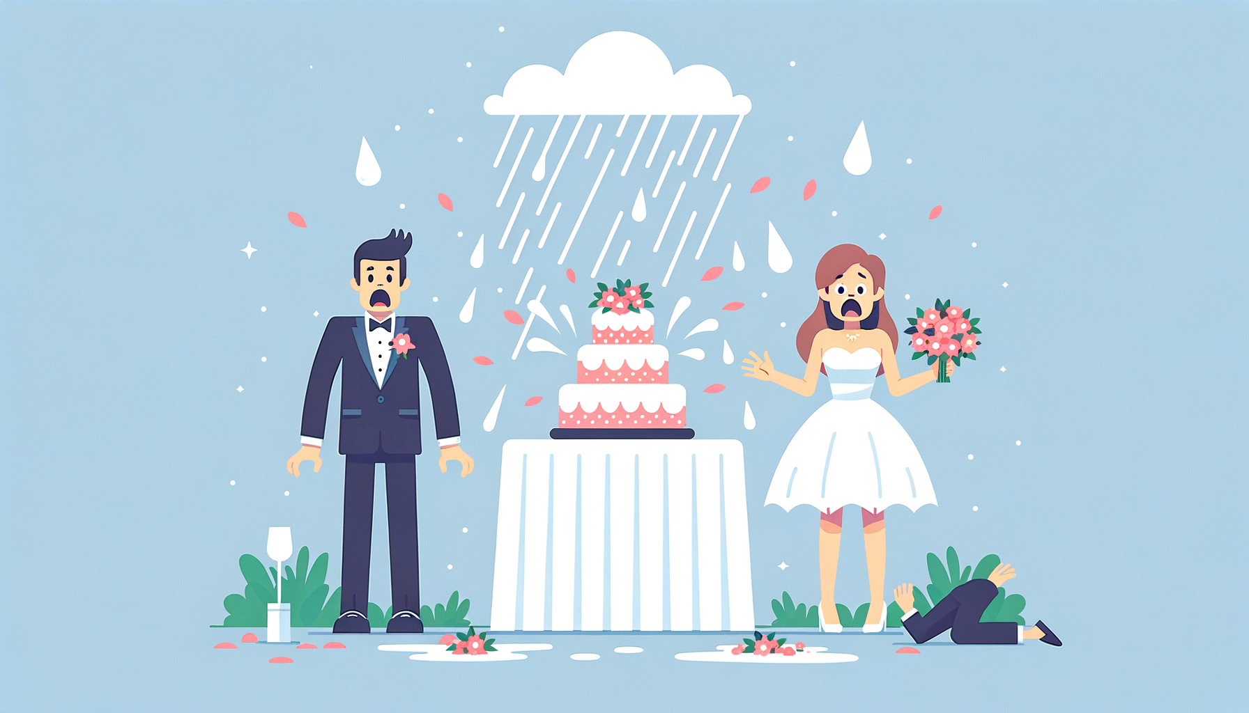 Illustration en flat design représentant des imprévus lors d'un mariage, évoquant des moments inattendus et remarquables.