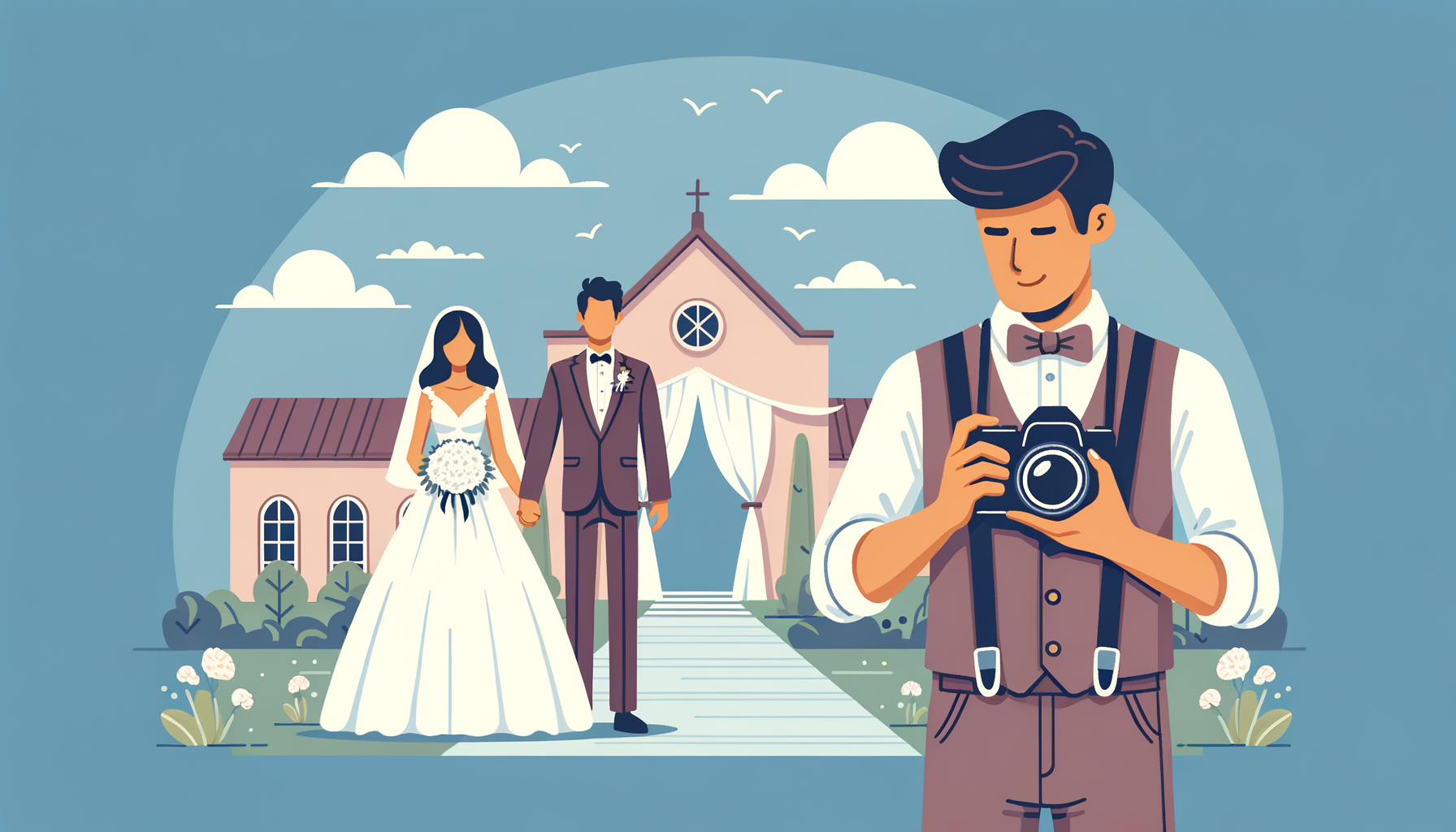 Illustration en flat design représentant un photographe de mariage personnalisée, capturant des moments authentiques et émouvants.
